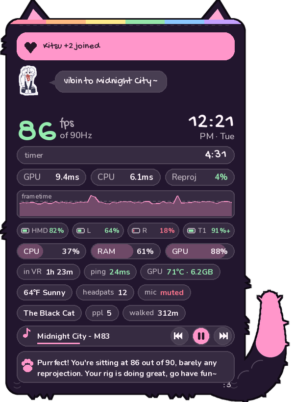 the wrist HUD showing FPS, battery, music and a little pet